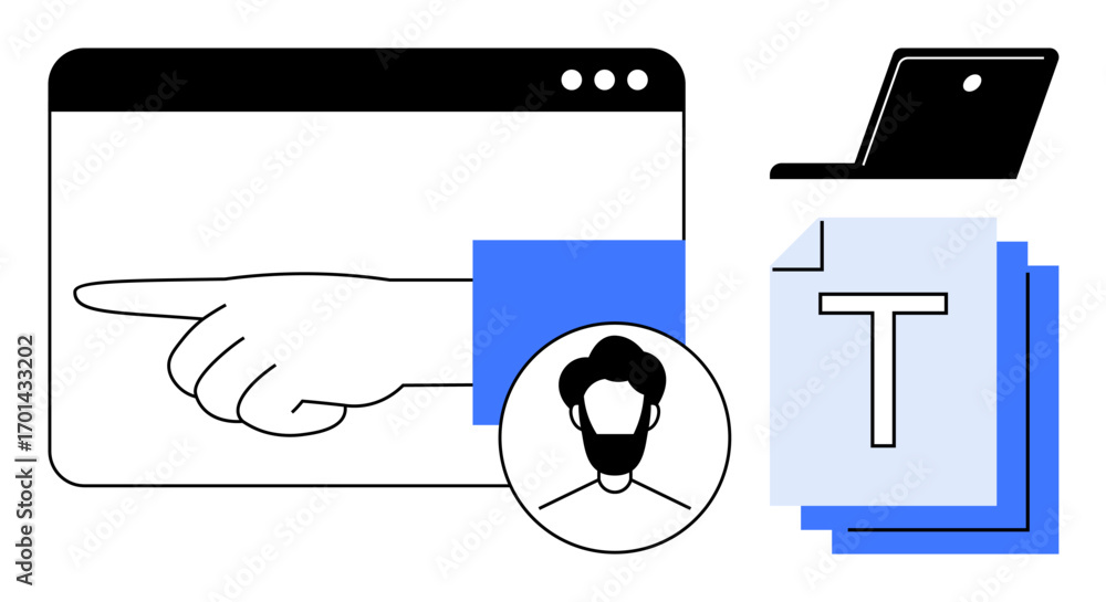 Poster hand pointing in browser window, user icon, document stack, and laptop. ideal for teamwork, digital 