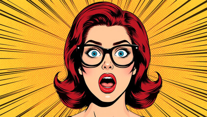 Surprised Woman in Pop Art Style with Glasses and Red Hair on Comic Background © LVS Studio