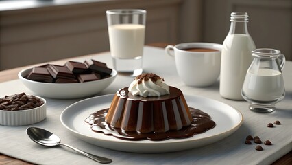 Delicious Chocolate Pudding Dessert With Whipped Cream Served With Milk And Coffee On Elegant Table Breakfast Setup