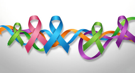 Colorful awareness ribbons representing various causes and symbolizing support for health and medical campaigns.