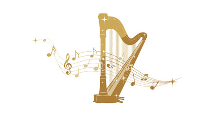 A golden harp with flowing musical notes and stars, symbolizing elegant melody and celestial harmony.