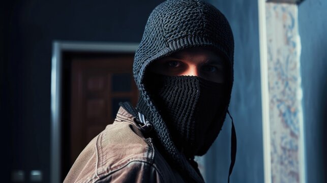 Man in balaclava standing in a room
