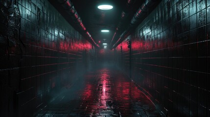 Dark and gloomy hallway with lanterns