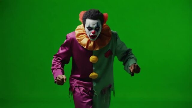 Man in clown costume with painted face and orange collar dancing on a green screen background studio halloween clown green screen video