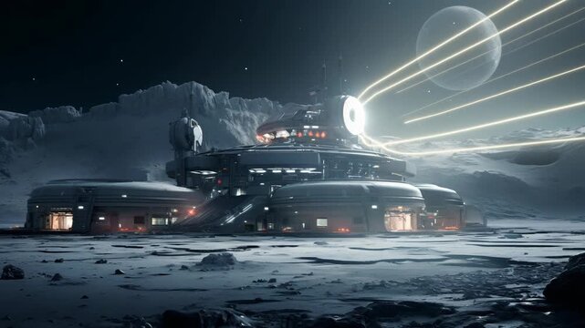 Lunar base activates powerful energy beam projecting across a desolate icy landscape under a full moon