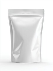 A plain white stand-up pouch with a zipper closure. The pouch is empty and has a smooth surface, suitable for packaging various products.