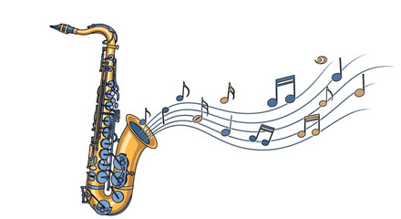 Fototapeta premium A gold alto saxophone plays a flowing melody, musical notes stream from its bell.