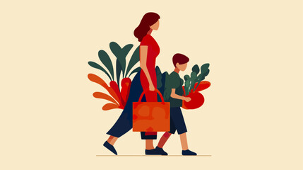 Mother and son shopping with groceries