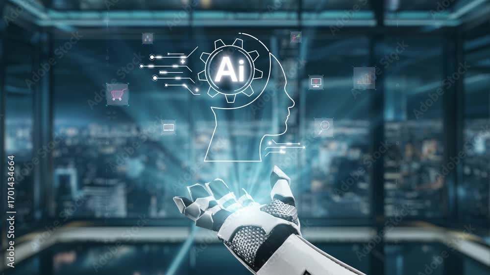 Poster a futuristic robotic hand extends towards glowing icons representing artificial intelligence concept