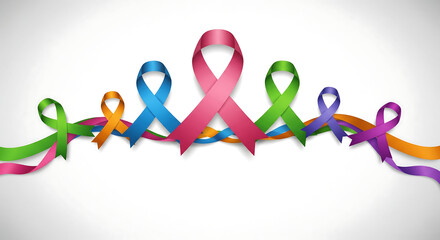 Colorful ribbon loops illustrating various cancers and awareness campaigns against diseases, promoting solidarity and hope.