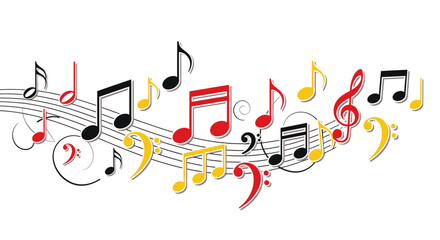 A flowing musical staff with black, red, and yellow notes and clefs on a white background.