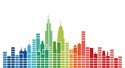 Obraz premium A vibrant, stylized cityscape rendered as a colorful sound wave or equalizer, showcasing a spectrum of building heights and hues against a white background.