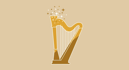 A golden harp illustration with sparkling stars emanating from its top, set against a light beige background.