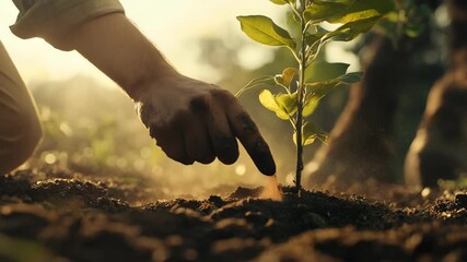A farmer carefully plants a young tree sapling in rich soil nurturing new life at sunset - Powered by Adobe