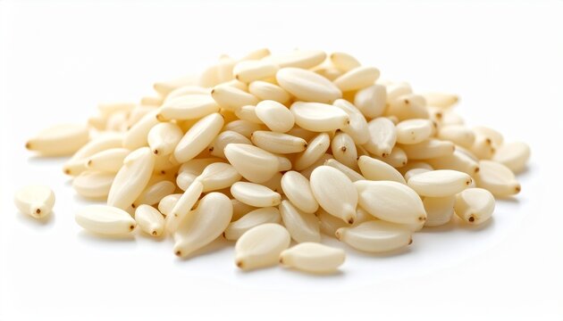 A small pile of white sesame seeds isolated on a white background.