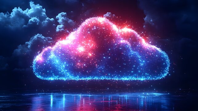 A luminous digital cloud composed of sparkling particles glows with vibrant blue and red lights reflecting on a dark wet surface