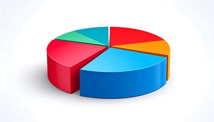 A colorful, three-dimensional pie chart illustration with sections in vibrant red, blue, orange, and teal, displays data visually.