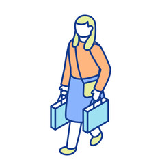 An isometric illustration of a woman shopping. A shopper holding numerous shopping bags in her hands.