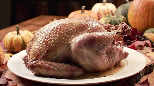 A perfectly roasted golden-brown turkey sits as the centerpiece on a white plate, surrounded by colorful autumn gourds and fall leaves. - Powered by Adobe