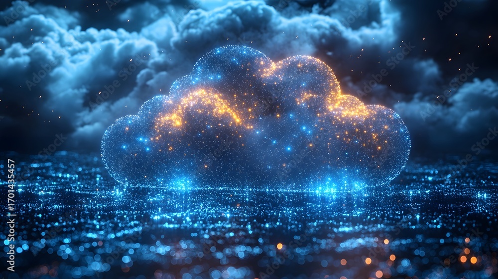 Poster abstract digital cloud shape formed by glowing particles representing data flow and cloud computing 