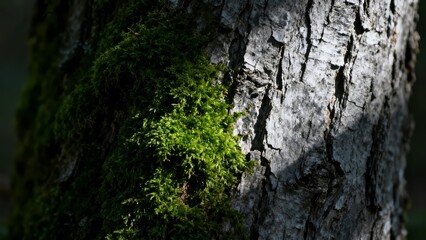 The picture shows tree bark with moss growing on it