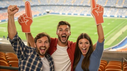 Three excited friends celebrate at a stadium, cheering with foam fingers, showcasing enthusiasm for their team during a sports event.