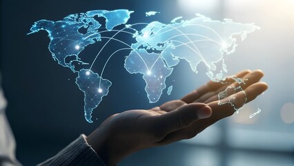 Close Up of Hand Holding Hologram World Map with Glowing Connection Lines for Global Communication