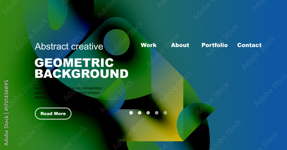 Poster abstract website header design. fluid shapes, vibrant colors, text overlay, navigation menu present.
