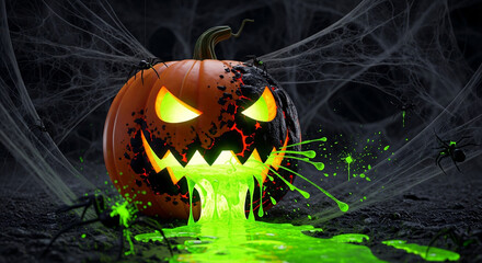 A creepy halloween jack o lantern with glowing green eyes and mouth, spewing vibrant green slime, surrounded by spider webs and spiders. Perfect for spooky designs.