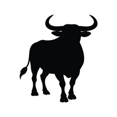 Powerful bull in black silhouette standing alert on a white background, bull with raised head silhouette vector illustration