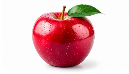 Fresh Ripe Red Apple with Green Leaf Isolated.
