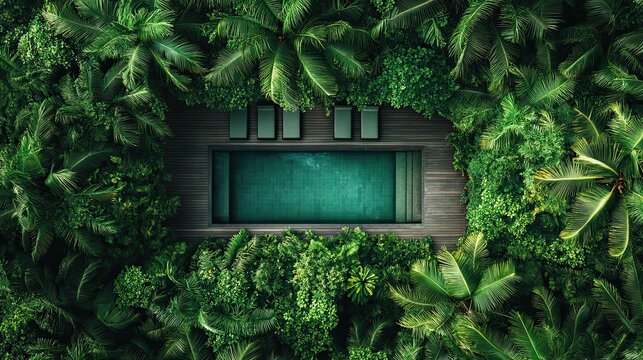 Lush green paradise: Aerial view of luxurious pool surrounded by tropical foliage