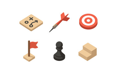 isometric icon items isolated on white background tactic dart arrow bullseye ring flag chess pawn short step