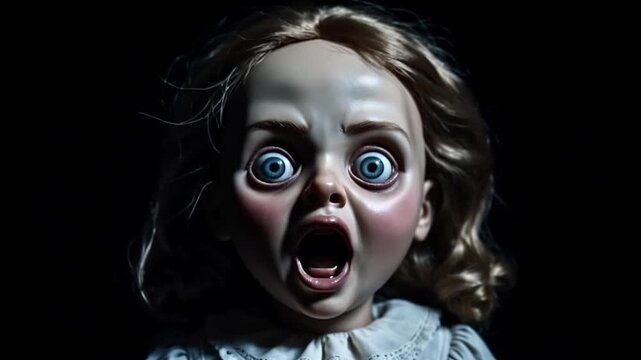 Creepy Doll Face with Wide Eyes and Open Mouth in Dark Setting Video