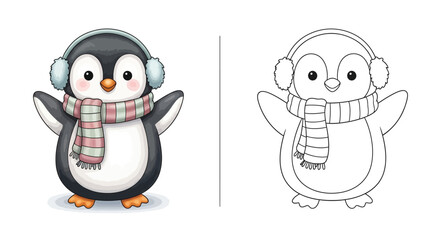 Cute Winter Penguin Wearing a Scarf Cold Season Line Art Drawing Coloring Page