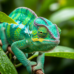 Obraz premium Stunning vibrant chameleon perches on branch in lush green rainforest habitat