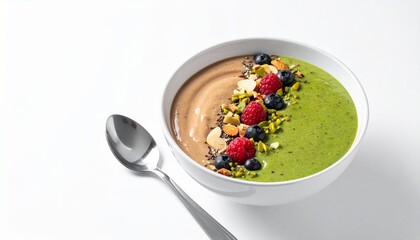 Healthy Two Tone Smoothie Bowl with Fresh Berries and Nuts.