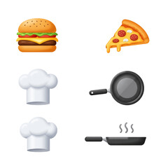 Delicious Burger, Pizza Slice, Chef Hats, and Frying Pans