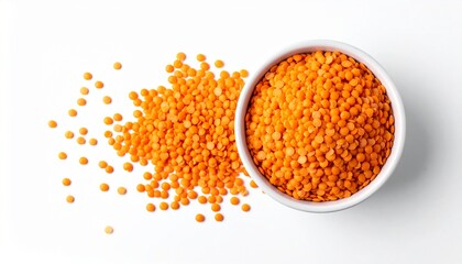 Red Lentils in a White Bowl Isolated on White Background.
