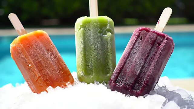 Three colorful fruit popsicles resting on a bed of ice cubes with a blurred swimming pool in the background.