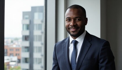 Fototapeta premium Confident african american businessman in a suit smiling by a large office window with city view
