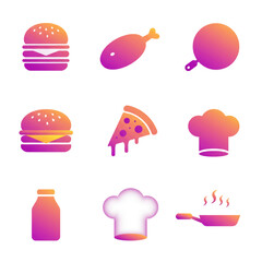 Naklejka premium Food Icons Collection Gradient Burger Pizza Chicken