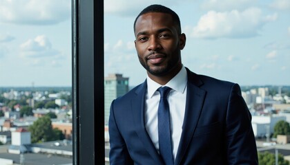 Confident african american businessman in a suit standing by a large window overlooking a city skyline