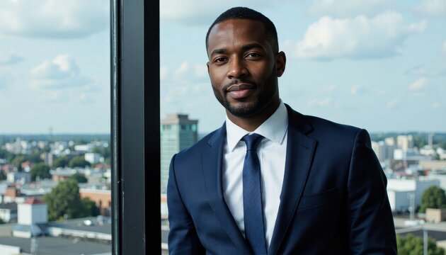 Confident african american businessman in a suit standing by a large window overlooking a city skyline
