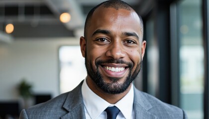 Smiling confident african american businessman in a suit looking directly at the camera indoors