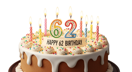 Celebration cake decorated with candles and "Happy 62 Birthday" message isolated PNG with Transparent Background