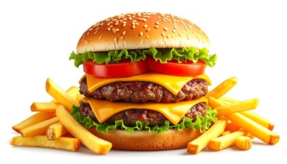 A delicious double cheeseburger and french fries, presented against a pure white background, showcases a mouthwatering culinary creation.