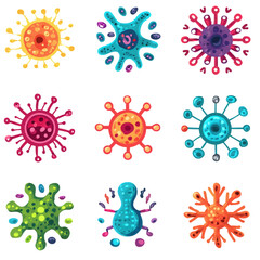 A vibrant collection of colorful stylized virus and bacteria illustrations.
