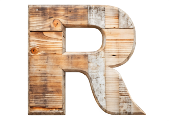 Rustic Wooden Alphabet Letter ‘R’ on a bright white and transparent background