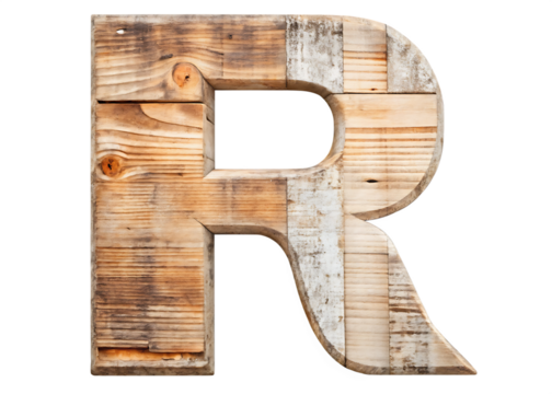 Rustic Wooden Alphabet Letter ‘R’ on a bright white and transparent background
